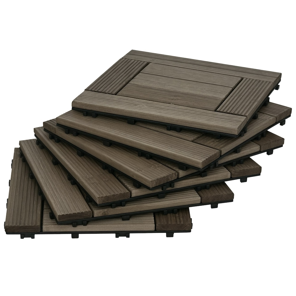 image 1 of Outsunny 27 Pcs Wooden Interlocking Decking Tiles, 30 x 30 cm per piece, Grey
