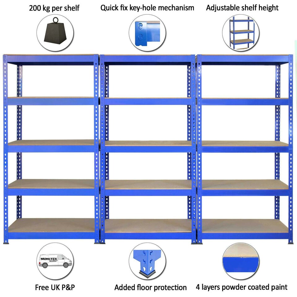 image 1 of 3 x Q-Rax Racking Blue 90 x 50 x 180cm + 2 x Racking Blue 120 x 50 x 180cm Blue