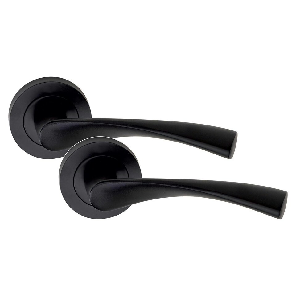 image 1 of Golden Grace Astrid Design Key Lock Door Handles Set on Round Rose in Matt Black Finish with 64mm 3 Lever Mortise Lock & Key Hole Black