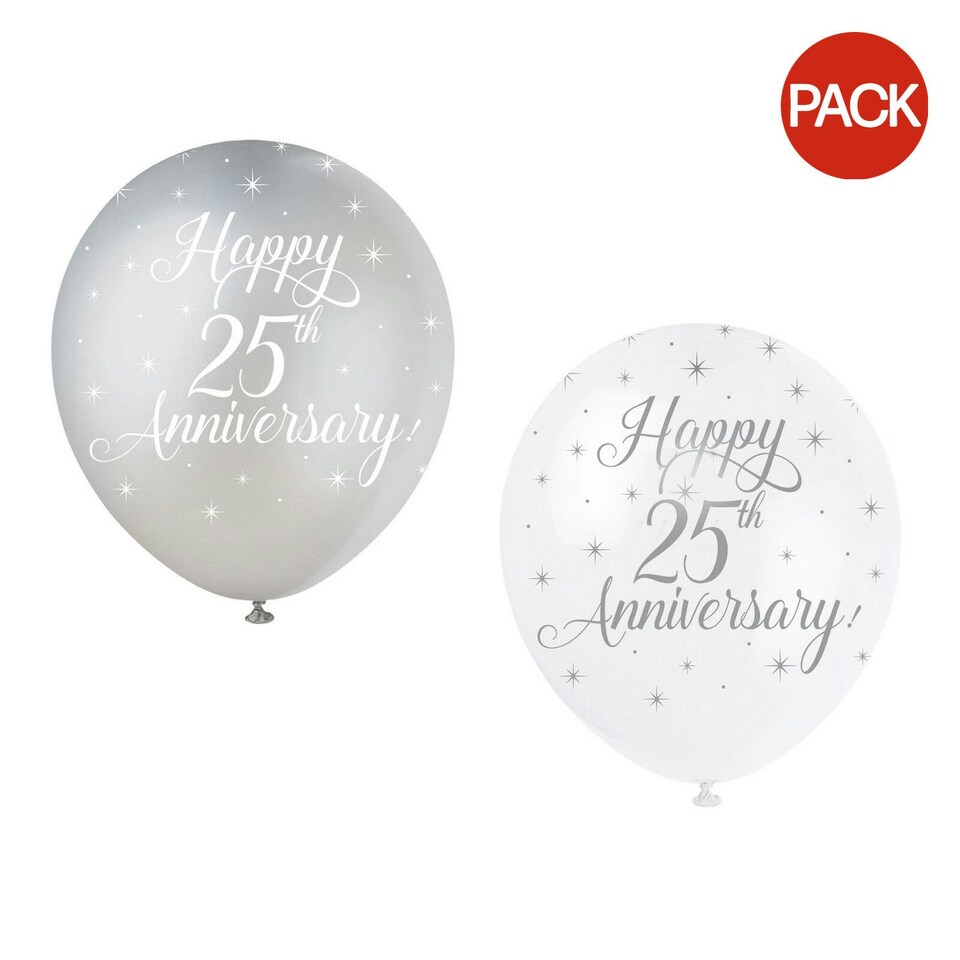 Unique Party Latex Pearlised 25th Anniversary Balloons (Pack of 5) - Grey/White - One Size