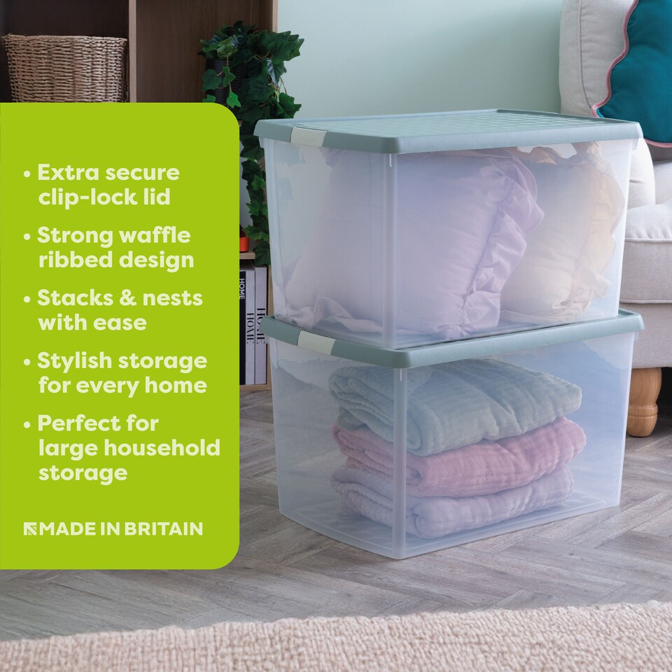 image 1 of Wham Clip 5x 62L Rectangular Plastic Storage Boxes with Clip Lock Lids. Ideal for Home, Office, Toys & More - Clear/Green Milieu | Green | Green Milleu | 5
