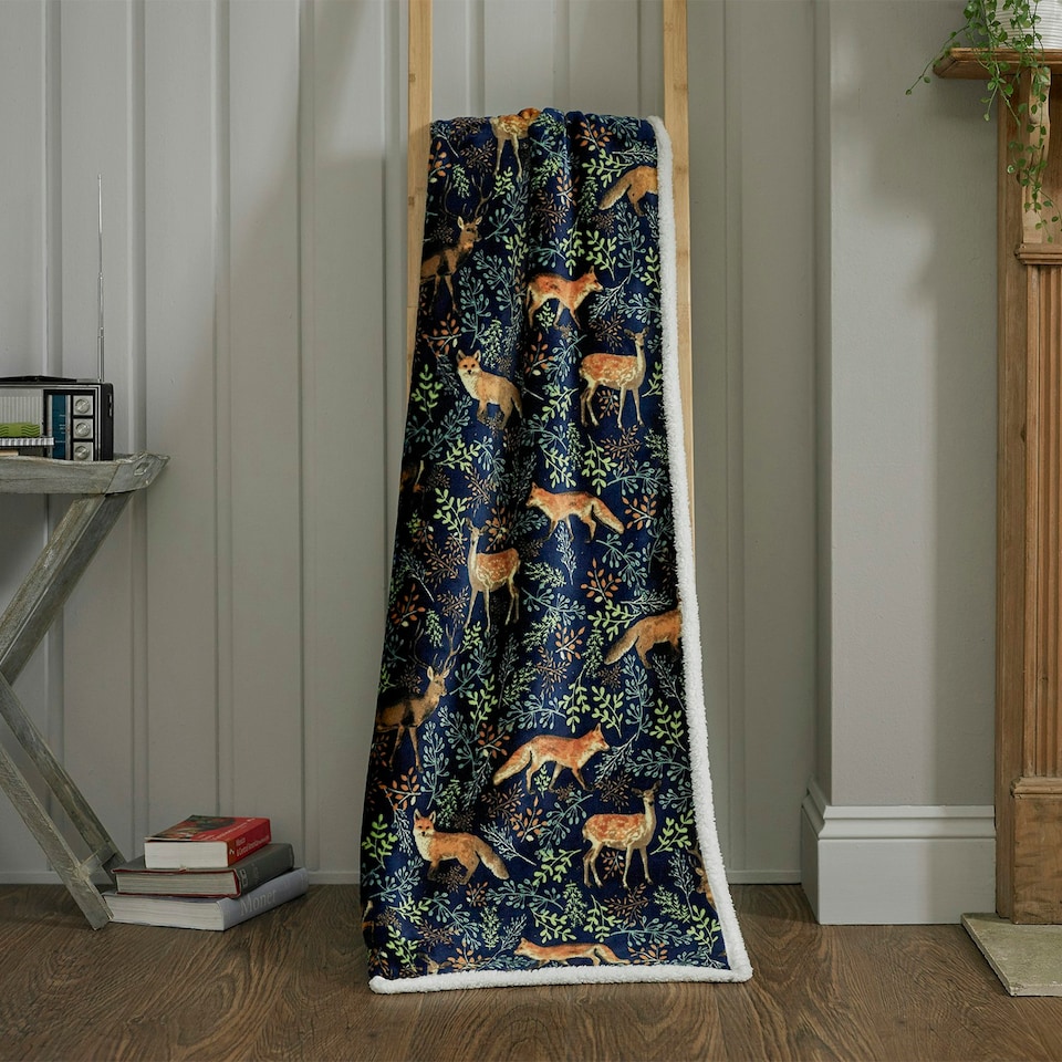 image 1 of Fox and Deer Soft Fleece Throw - 140 x 180cm Cosy Sherpa Blanket Blue | Navy