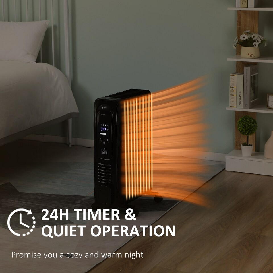 image 1 of HOMCOM 2000W Digital Oil Filled Radiator, 9 Fin, Portable Electric Heater with LED Display, 24-Hour Timer, 3 Heat Settings, Safety Cut-Off and Remote Control, Black
