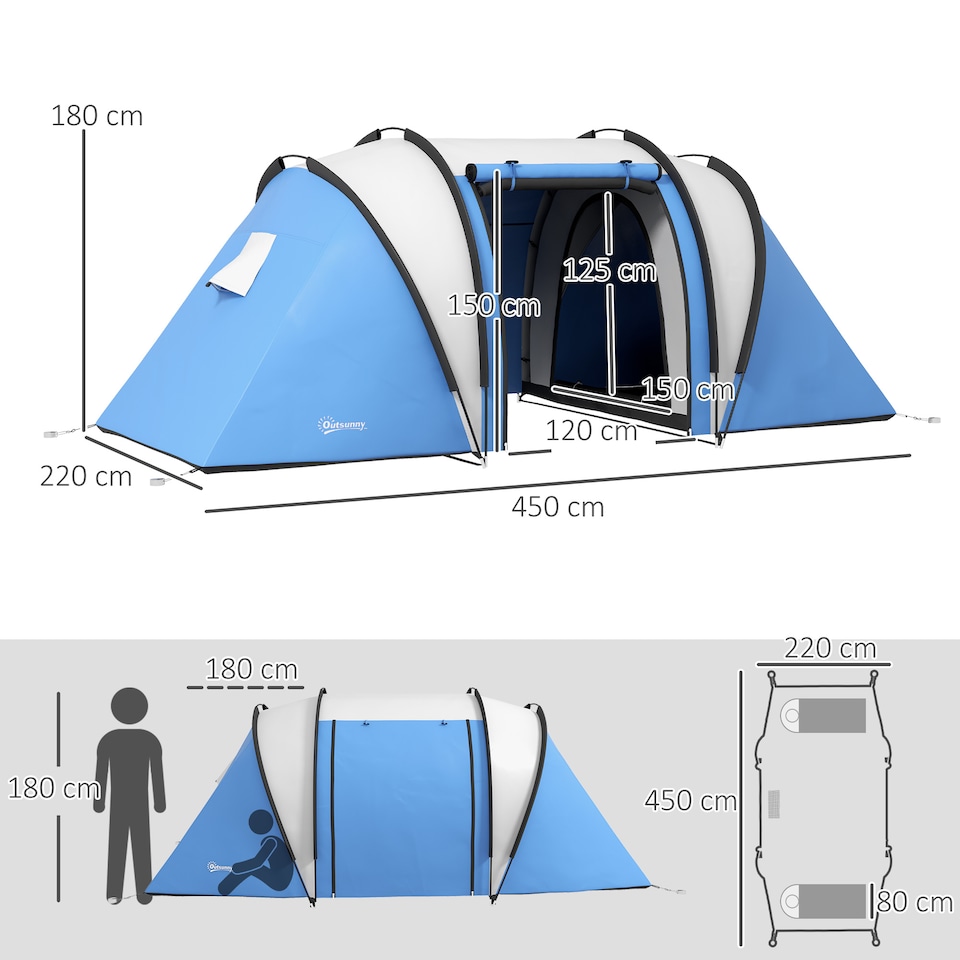 image 1 of Outsunny 2 Bedroom Camping Tent with Living Area, 3000mm Waterproof, Blue