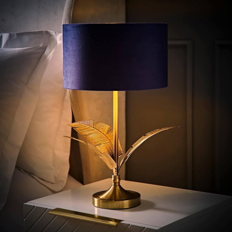 image 1 of ValueLights Christina Gold Palm Leaf Table Lamp Navy Velvet Gold Shade and Bulb