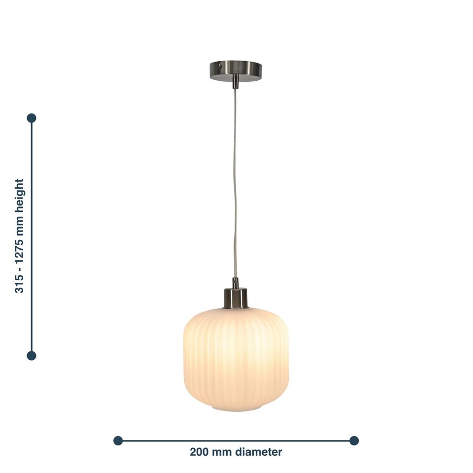 image 1 of Set of 2 Bento - White Ribbed Glass with Satin Nickel Pendant Fittings | Chrome | White | 2