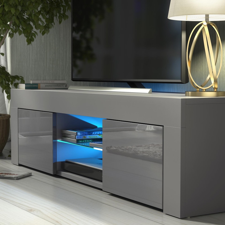 image 1 of TV Unit TV Stand Cabinet Sideboard Grey High Gloss Doors Free LED 130cm