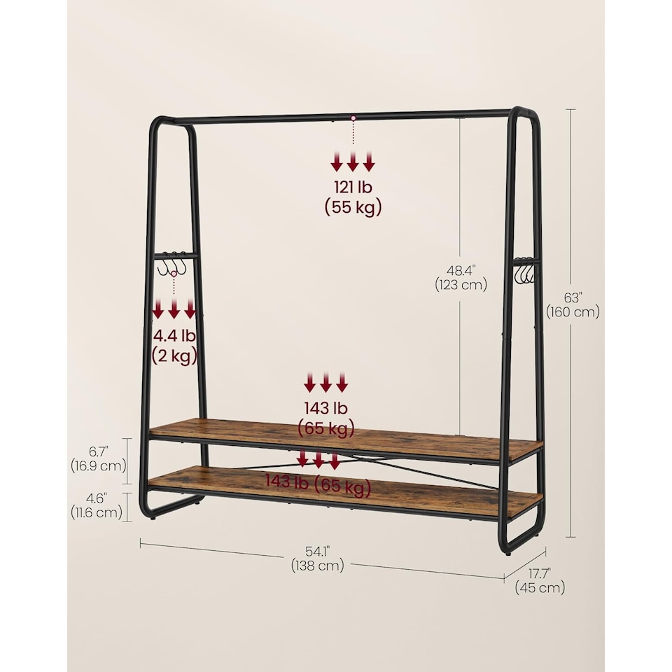 image 1 of Garment Rack with Shelves and Hooks, Bedroom Clothes Rail Storage Unit, Rustic Brown and Black
