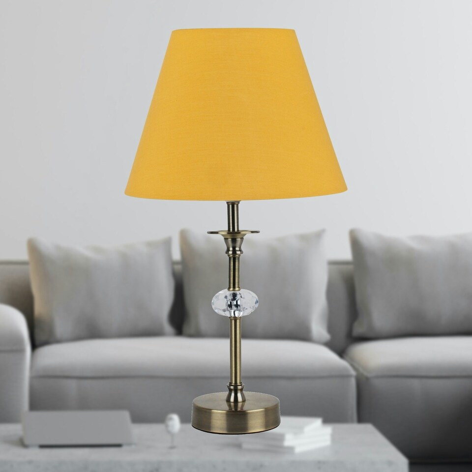 image 1 of Antique Brass Table Lamp with Facet Detail and Ochre Shade Bronze | Red