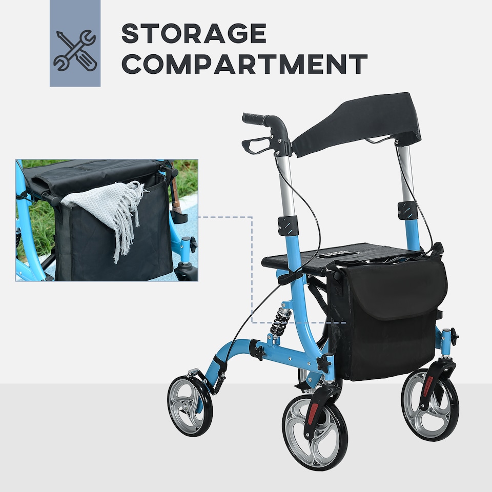 image 1 of HOMCOM 4 Wheel Rollator with Seat and Back, Lightweight Folding Mobility Walker with Large Wheels, Carry Bag, Adjustable Height, Aluminium Walking Frame with Dual Brakes for Seniors, Blue