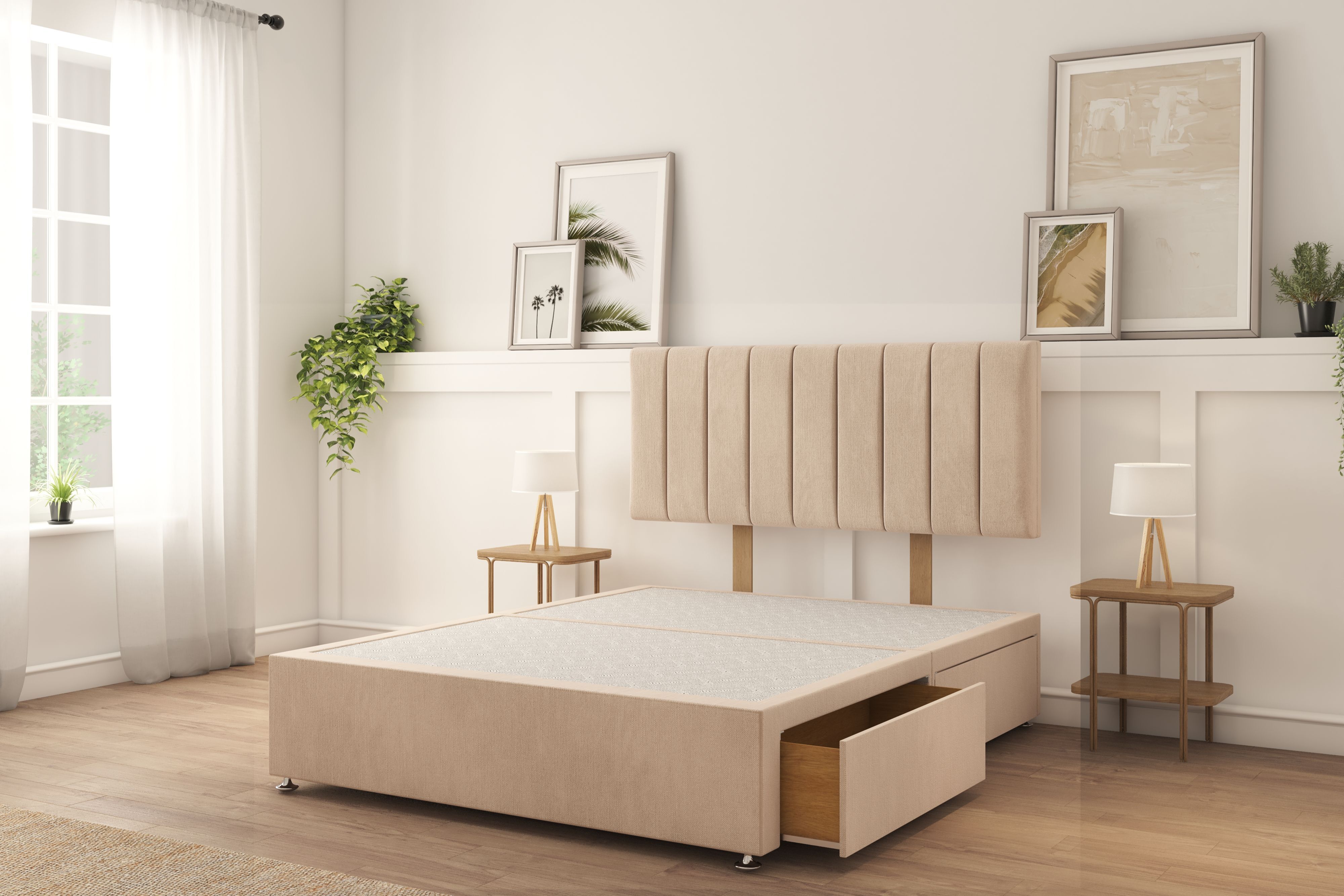 Sloomy Kansas Sand Naples Divan Bed Base 2 Drawers Foot-End With 26" Strutted Headboard 4'6 Double