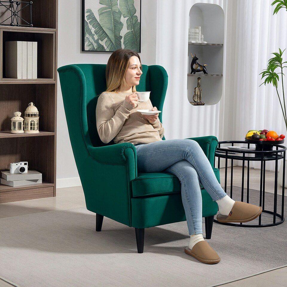 image 1 of HOMCOM Wingback Chair, Modern Accent Chair for Living Room Bedroom Green