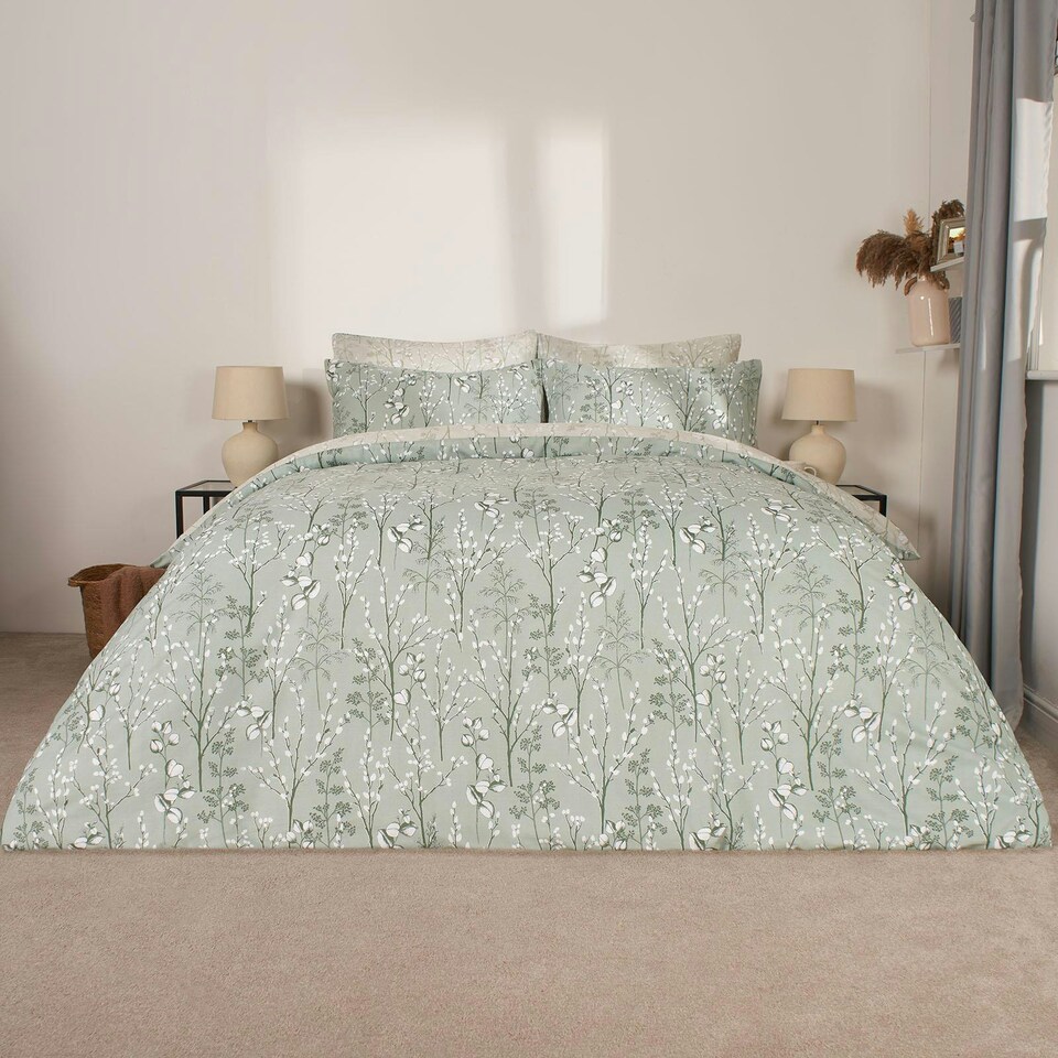 image 1 of OHS Willow Print Reversible Duvet Cover and Pillowcase Set, Super King - Sage Green