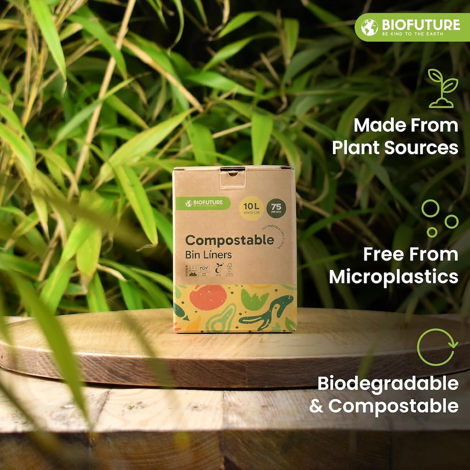 image 1 of Biofuture 10L x 75 Compostable Bin Liners | Home Compostable & Council Approved | Fits 9-11L Kitchen Food Waste Bins | EN13432 Certified & TUV Certified