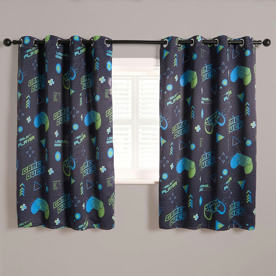 image 1 of OHS Kids Gaming Blackout Eyelet Curtains Ring Top Ready Made Panel Pair, 46x72" Blue | Navy Blue