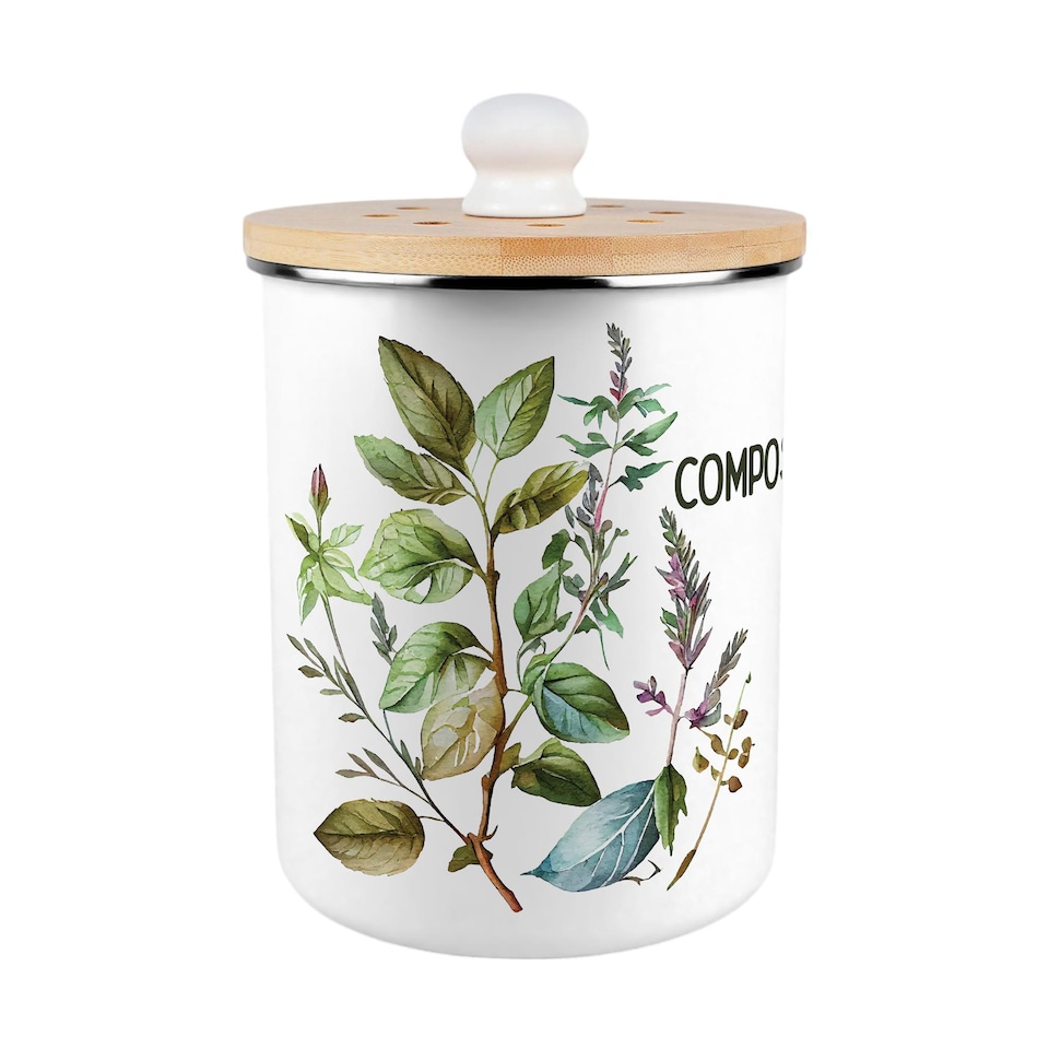 image 1 of Watercolour Herbs Compost Caddy - Metal 2L Decorative Kitchen Food Waste Bin