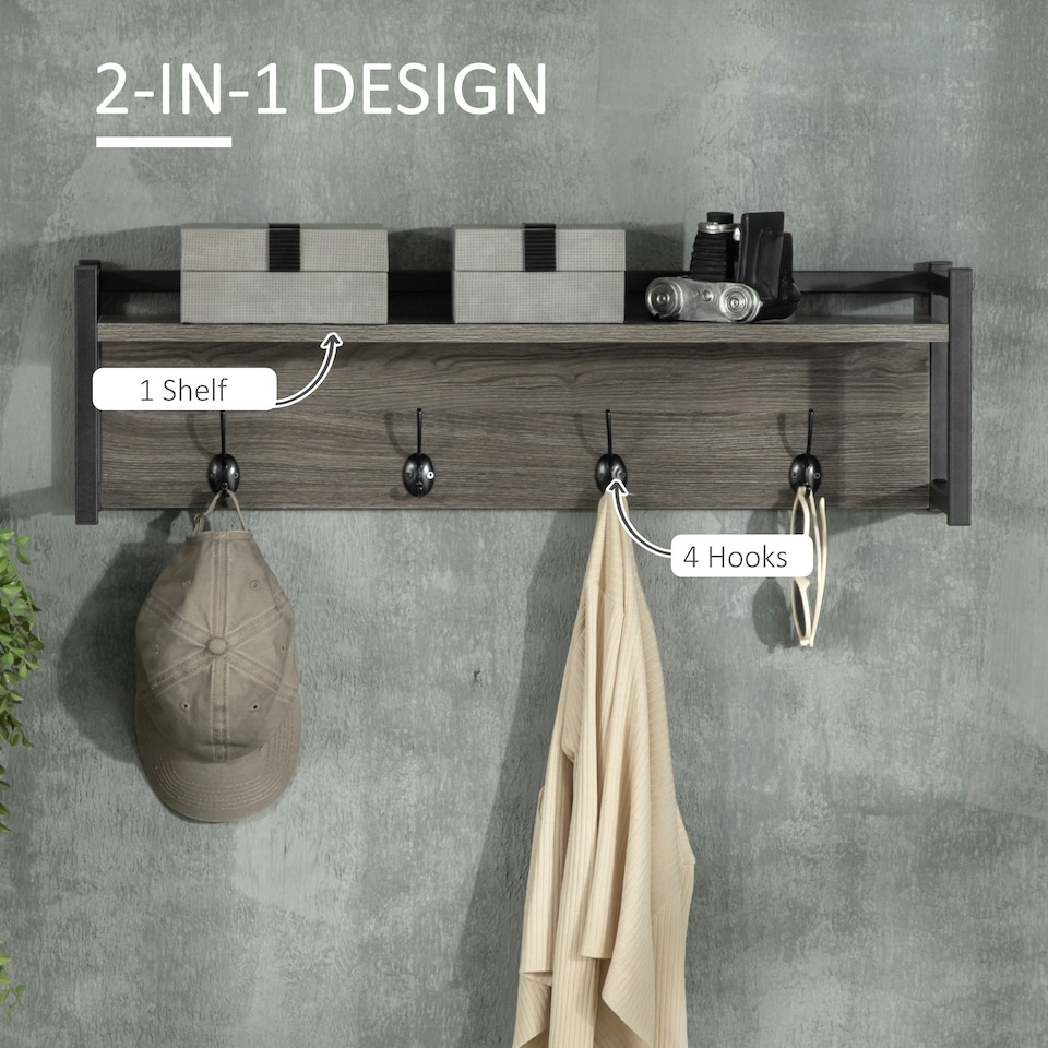 image 1 of HOMCOM Rustic Wall-Mounted Coat Rack Floating Shelf with 4 Hooks for Entryway