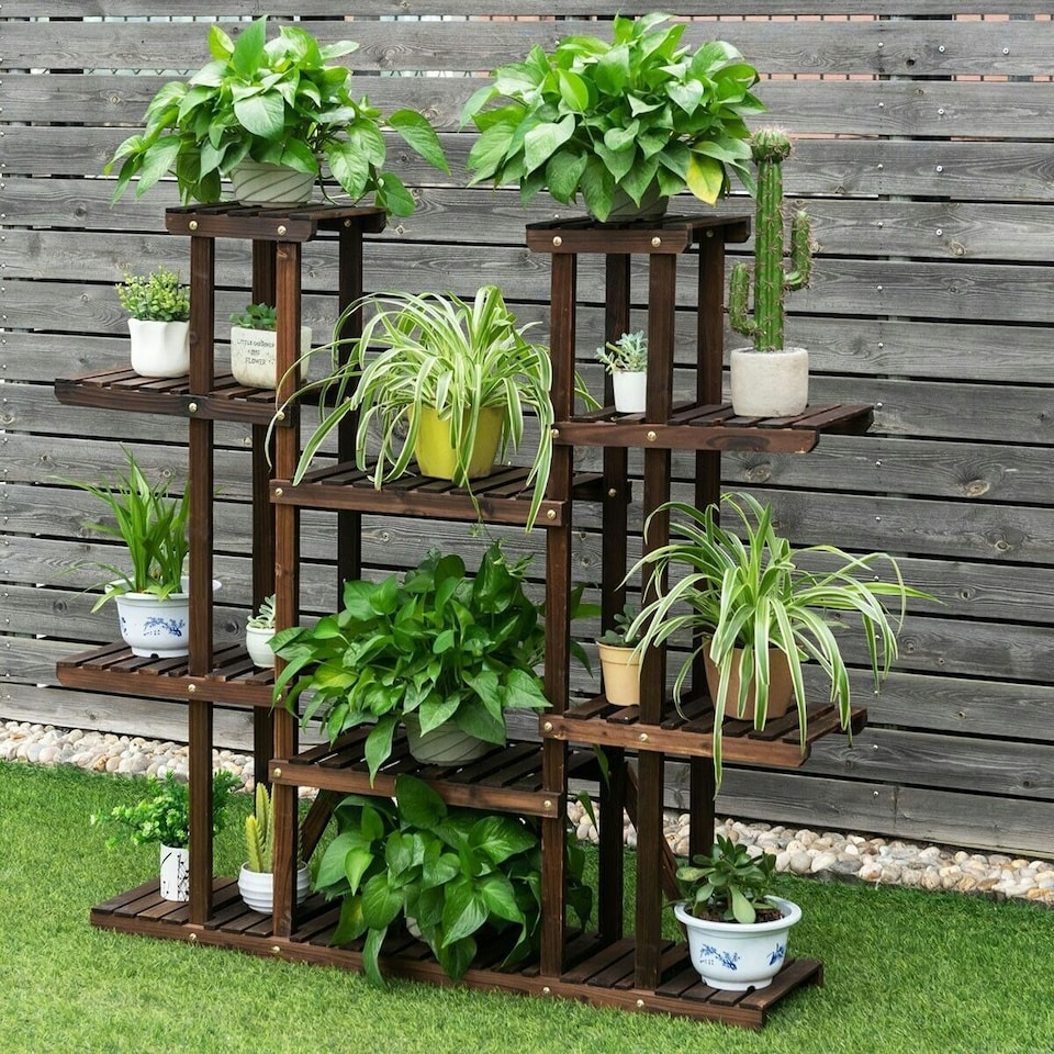image 1 of COSTWAY 9 Tier Wood Plant Stand Display Rack Flower Shelf Brown