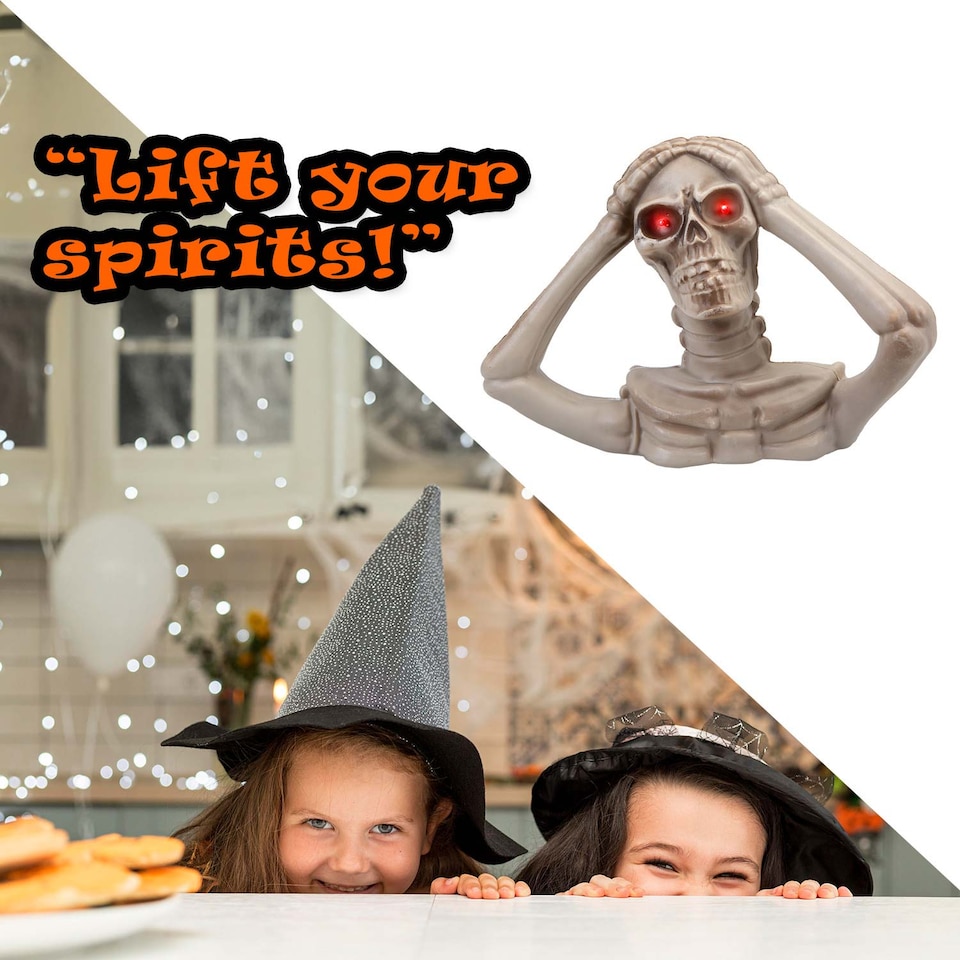 image 1 of PMS Halloween Skeleton Bust with LED Eyes - Hands on Head, 18 x 24 cm