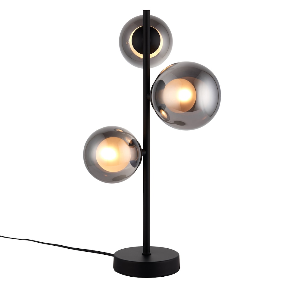 image 1 of Set of 2 Cole - Black with Smoke Glass Globes 3 Light Table Lamps