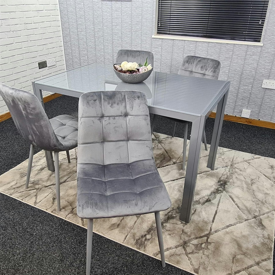 image 1 of Dining Table and 4 Grey Velvet  Chairs Grey  Glass Table 4 Velvet Chairs  Dining Room Furniture | Grey | 5