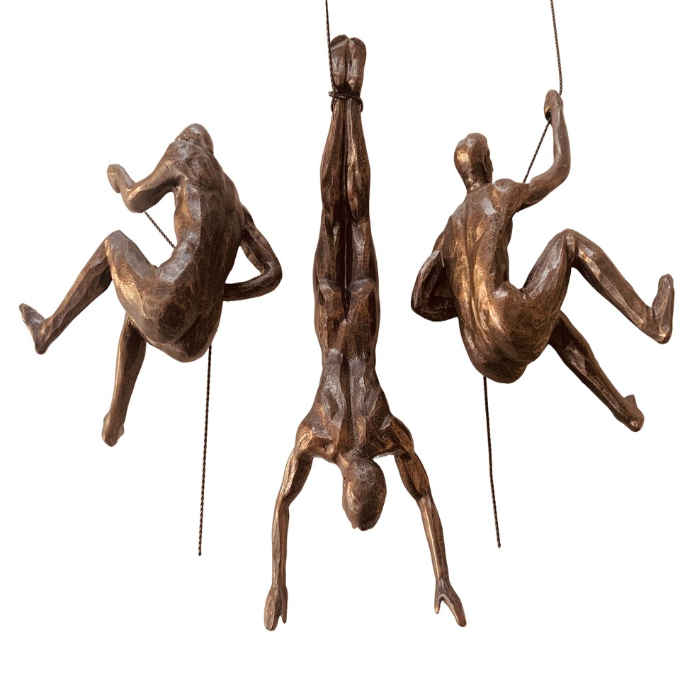 image 1 of Large x3 Bronze Colour Climbing Men With Nail Caps Wall Hanging Ornaments Art Installation Sculptures of Climber Figures on Realistic Metal Wires