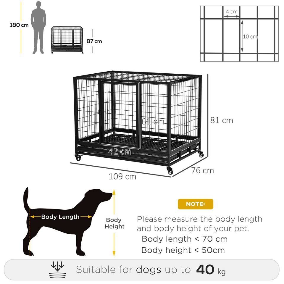 image 1 of PawHut Metal Kennel Cage with Wheels and Crate Tray for Pet Dog Large Black