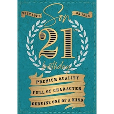 Words 'n' Wishes Traditional Son 21 birthday card. Teal background with gold foil embossed finish