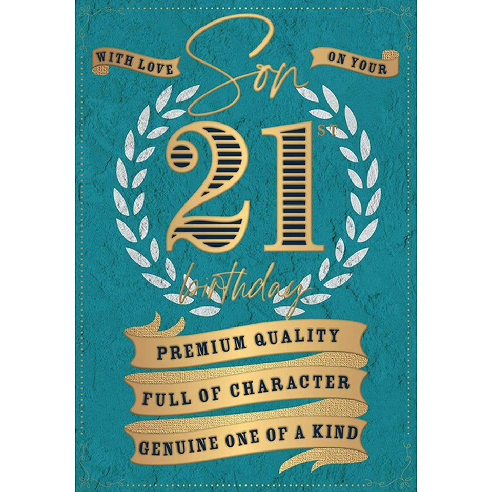 Words 'n' Wishes Traditional Son 21 birthday card. Teal background with gold foil embossed finish