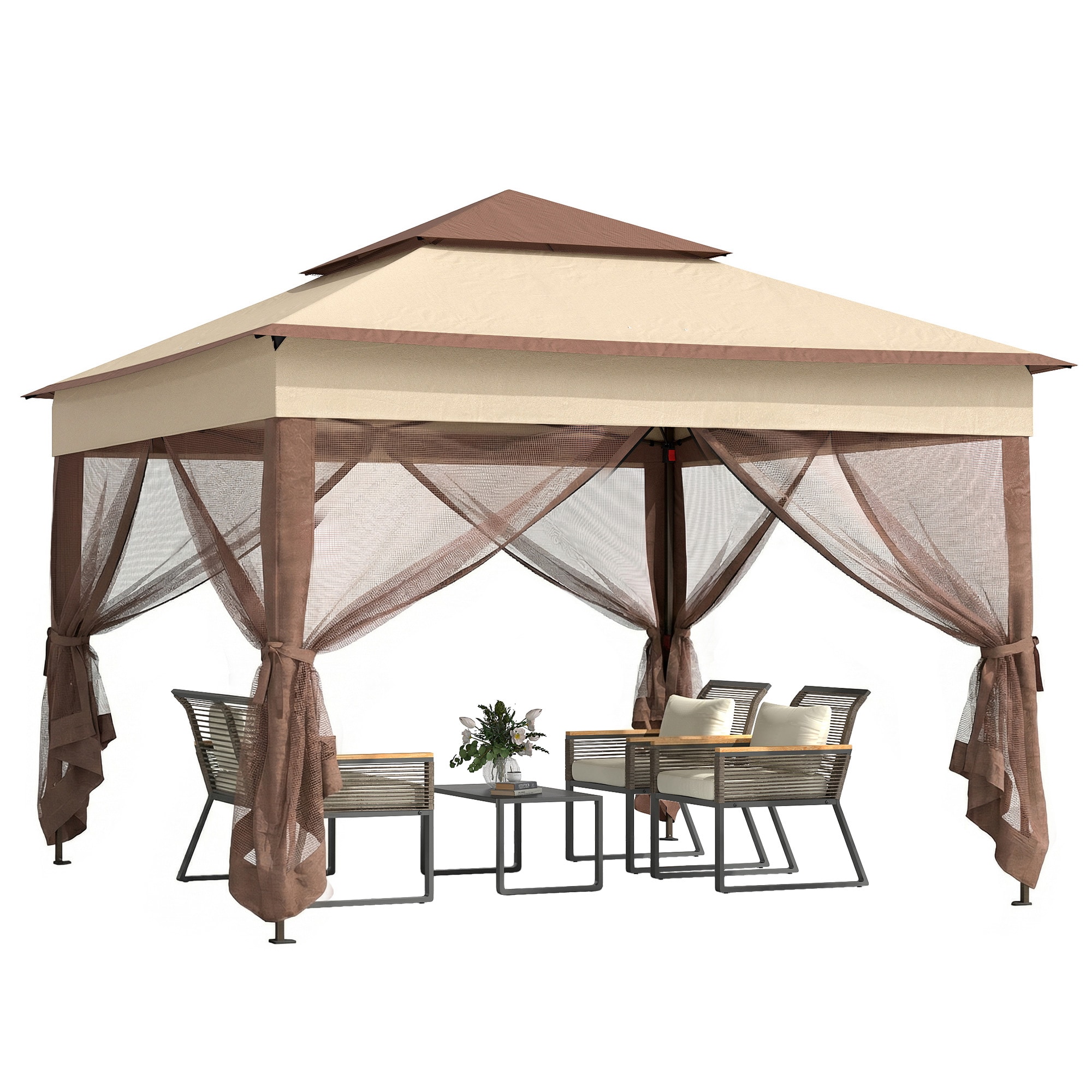 Outsunny Garden Folding Tent Heavy Duty Pop Up Gazebo for Party Khaki | Brown