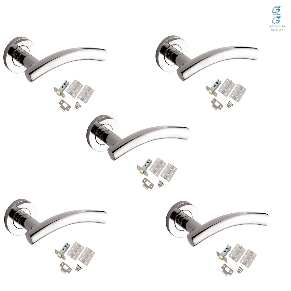 image 1 of Golden Grace 5 Sets Arched T-Bar Door Handle Lever on Round Rose in Polished Chrome with Latch and Hinges | Chrome | 5 Set