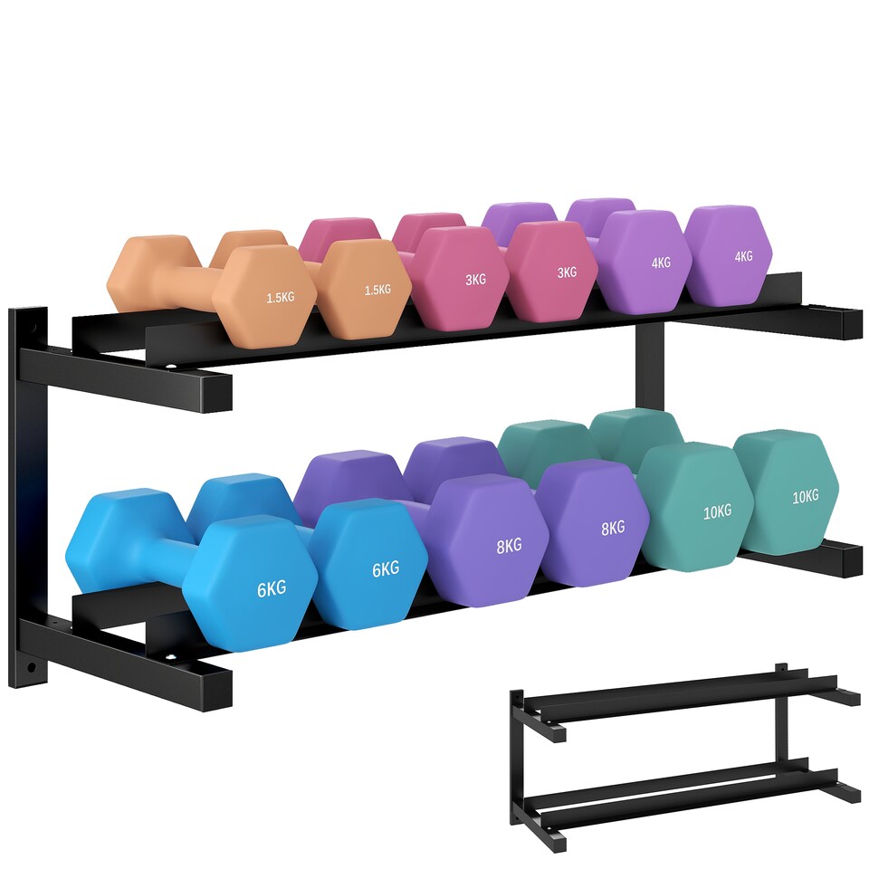 image 1 of SPORTNOW Wall-Mounted Dumbbell Rack, 2-Tier Weight Rack, Space-Saving Dumbbell Stand, Multi-Functional organiser for Kettlebells and Yoga Mats, for Home Gym, Black