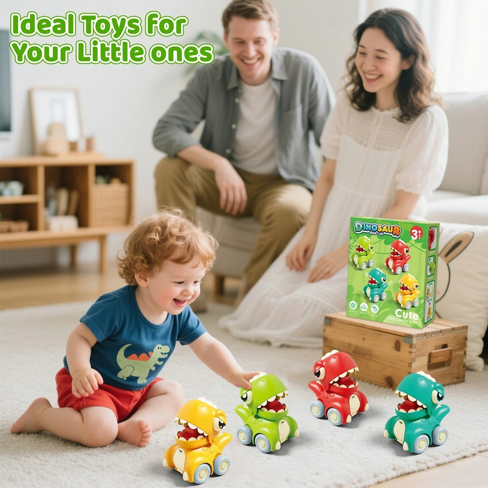 image 1 of Push and Go Dinosaur Car Toy Set 4PCS Mini Dino Vehicles for Toddlers Pull Back Cars
