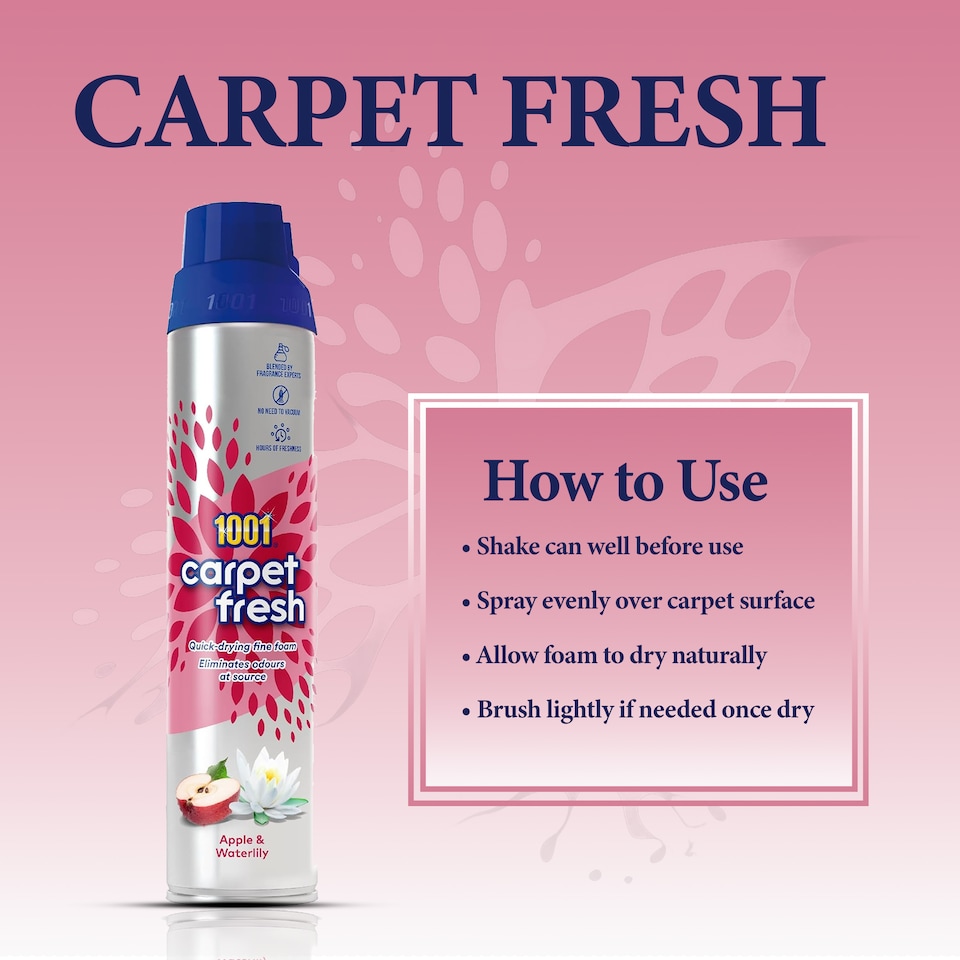 image 1 of 1001 Carpet Fresh Apple Waterlily Carpet Foam Freshener Odour Remover Carpet Cleaner Indoor Home Use 300ml Pack of 2