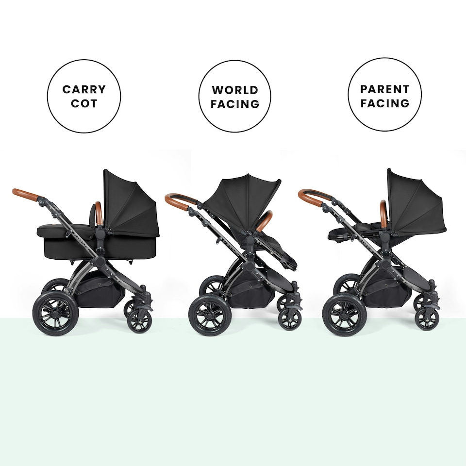 image 1 of Stomp Luxe 2-in-1 Pram – Birth to Approx. 4 Years, Foldable, All-Terrain, Rain Cover, Footmuff, Puncture-Proof Wheels & More (Black/Midnight/Tan)