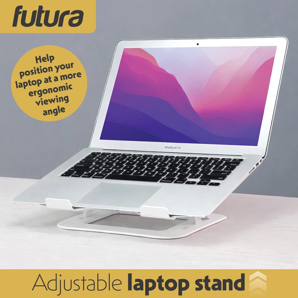 image 1 of Futura Laptop Stand Adjustable Portable Riser, White Foldable Aluminium Holder for MacBook AirPro and 11 to 17 inch Laptops | White | White | One Size | 1