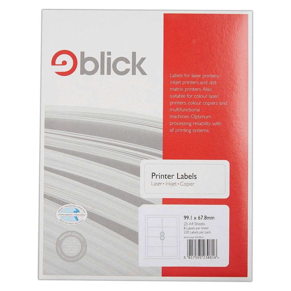image 1 of Blick 8 Per Sheet 25 Sheets, 99.1mm x 67.8mm, Rectangular, White, 200 Labels