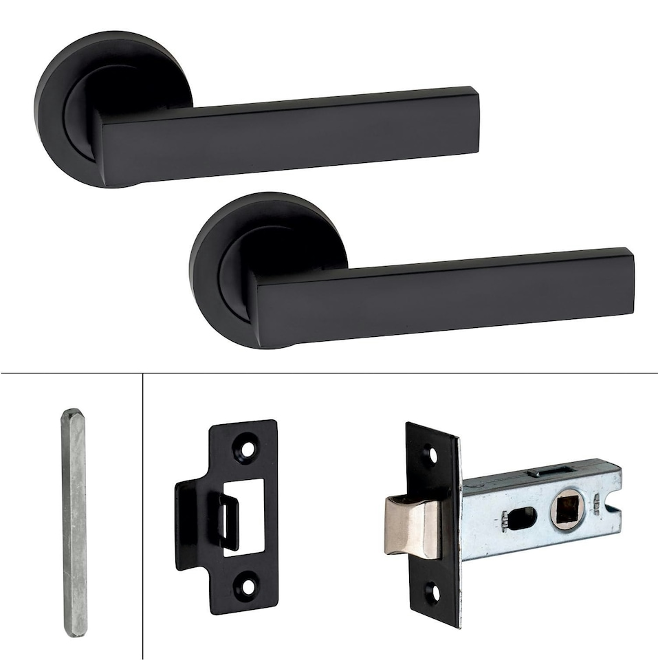 image 1 of Golden Grace 4 Pairs Delta Design Door Handles on Round Rose in Matt Black Finish with 2.5" Tubular Latch - 52mm Diameter | Black | 4 Pairs