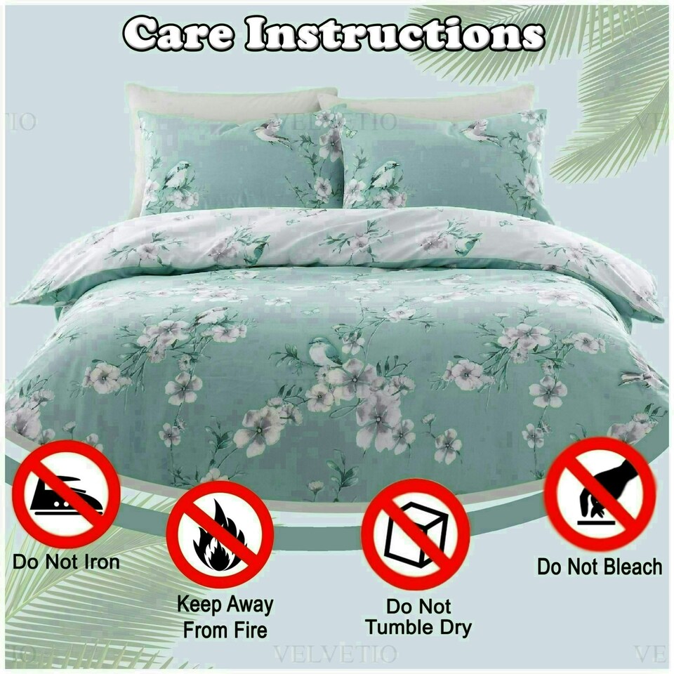image 1 of VELVETIO Birdie Blossom Printed Duvet Cover Set Reversible Polycotton Beddings Blue | Duck Egg | Super King