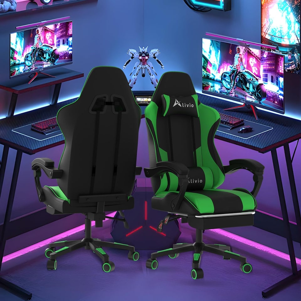 image 1 of Alivio Ergonomic Gaming Chair with Massage Lumbar Cushion & Retractable Footrest, PU Leather Video Game Chair (Green)