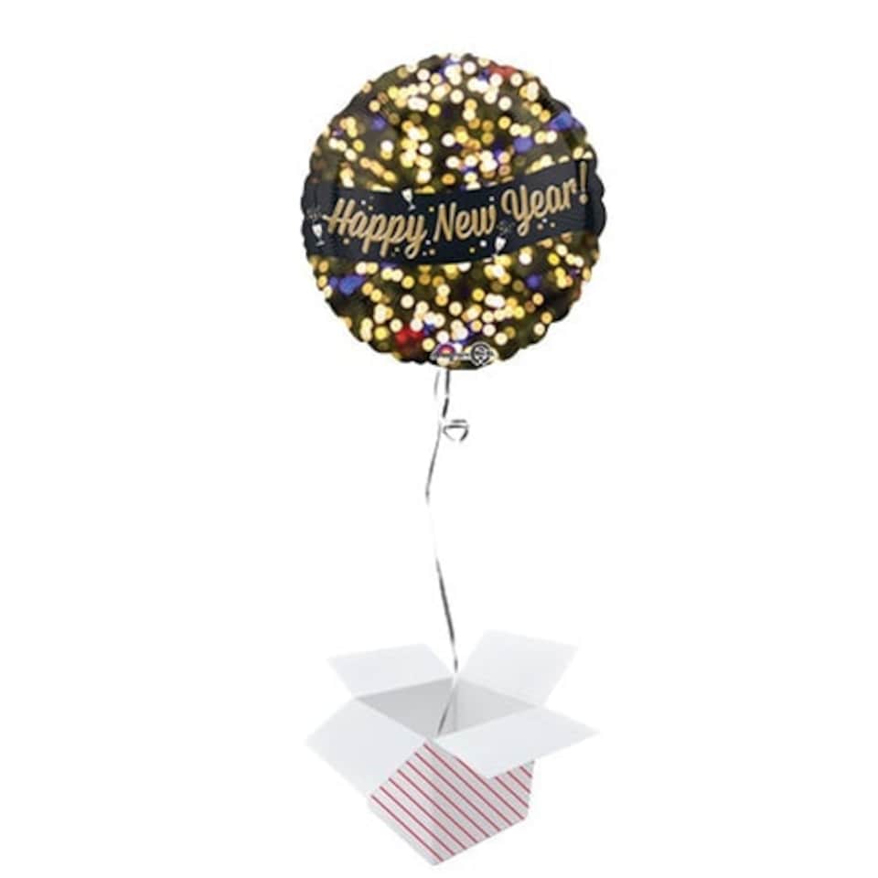 Happy New Year Celebration Round Foil Helium Balloon - Inflated Balloon in a Box