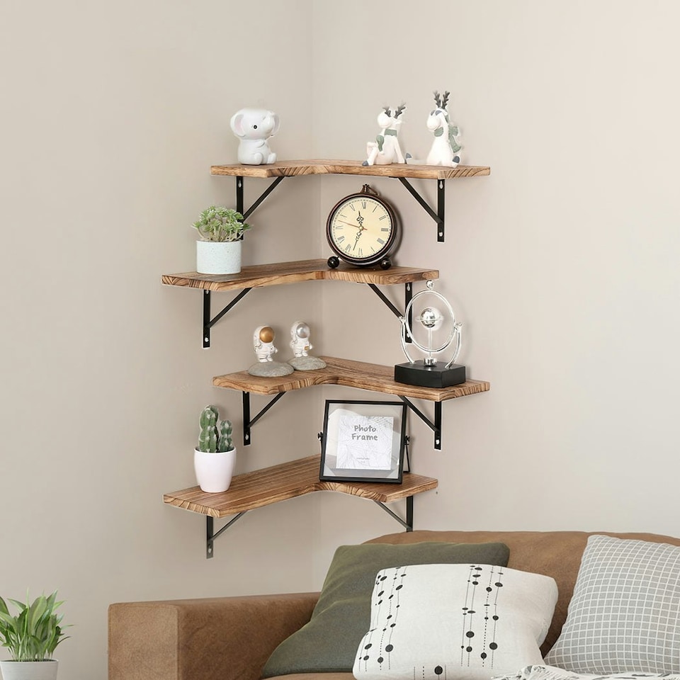 image 1 of Floating Shelf Wall Mounted Wood Rustic DIY Corner Hanging Shelves Storage 4PC Brown