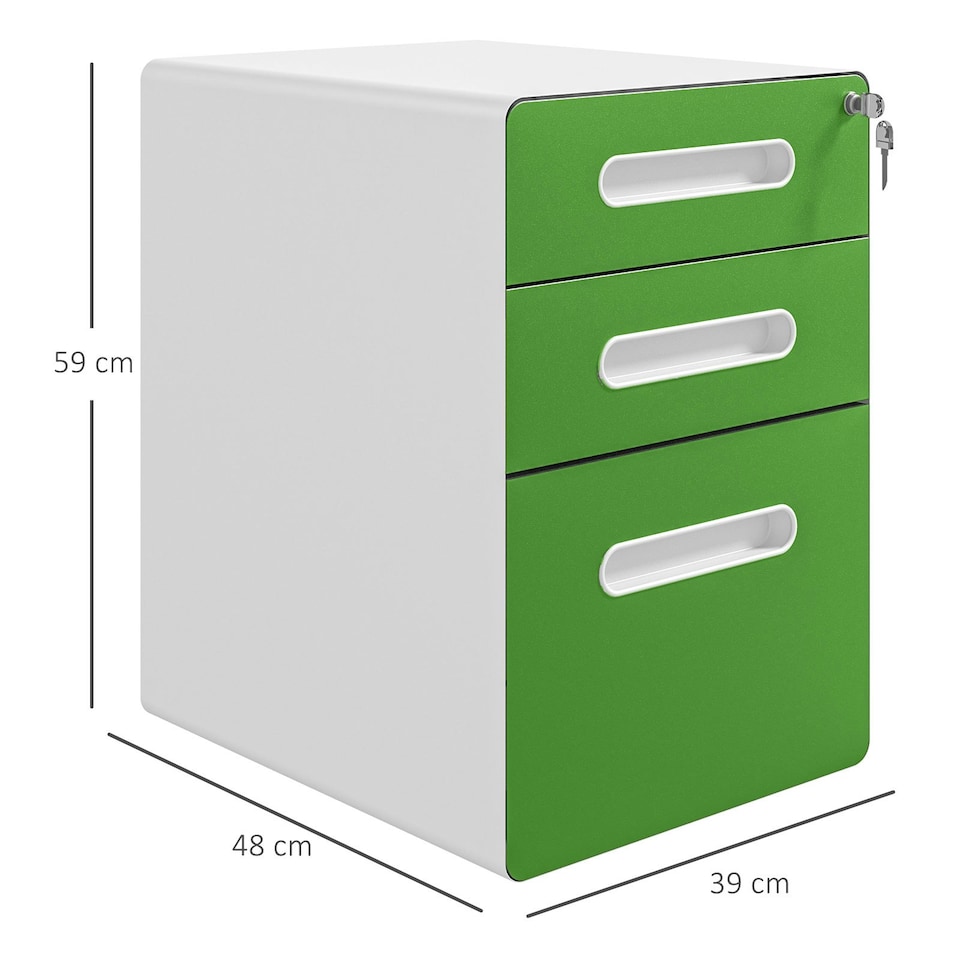image 1 of Vinsetto 3 Drawer Modern Steel Filing Cabinet w/ 4 Wheels Lock Box Green