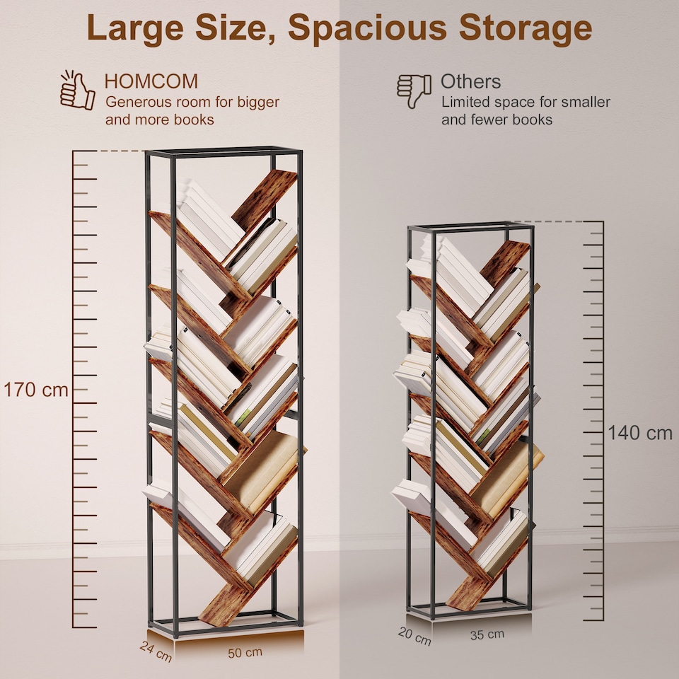 image 1 of HOMCOM Tree Bookshelf, 10 Tier Floor Standing Bookcase, Industrial Tall Display Storage Shelving Unit for Living Room, Home Office, Bedroom, Rustic Brown and Black | Black | Rustic Brown and Black