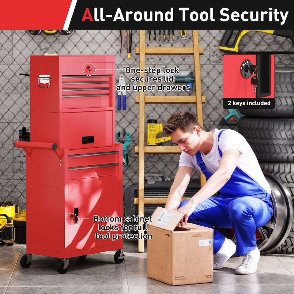 image 1 of HOMCOM 3-in-1 Tool Cabinet with Wheels, Rolling Tool Chest with 6 Drawers | Red