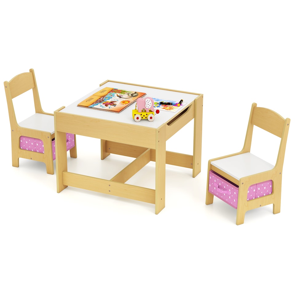 image 1 of COSTWAY Kids Multifunctional Table and 2 Chairs Set Pink