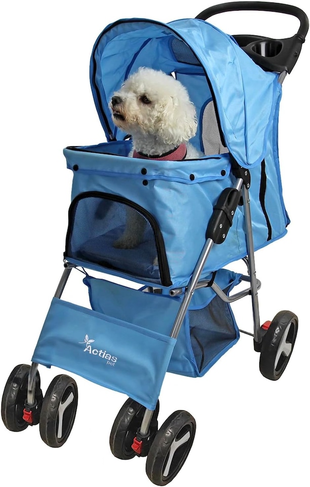 image 1 of Pet Stroller Dog Cat Puppy Pram Pushchair Travel Cart Jogging Buggy Carrier (Blue with Cover)