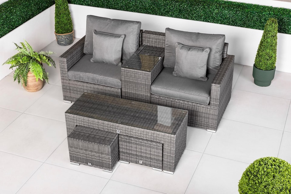 image 1 of Havana 2 Seat Modular Sofa Rattan Garden Balcony Furniture Set Outdoor Drinks Cooler Table, Coffee Table & Stools | Grey | Grey | Two Seater