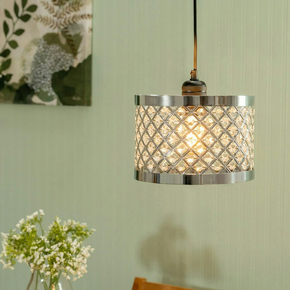 image 1 of ValueLights Hadley Silver Easy Fit Metal Cut Out Acrylic Jewel Drum Ceiling Light Shade - Bulb Included