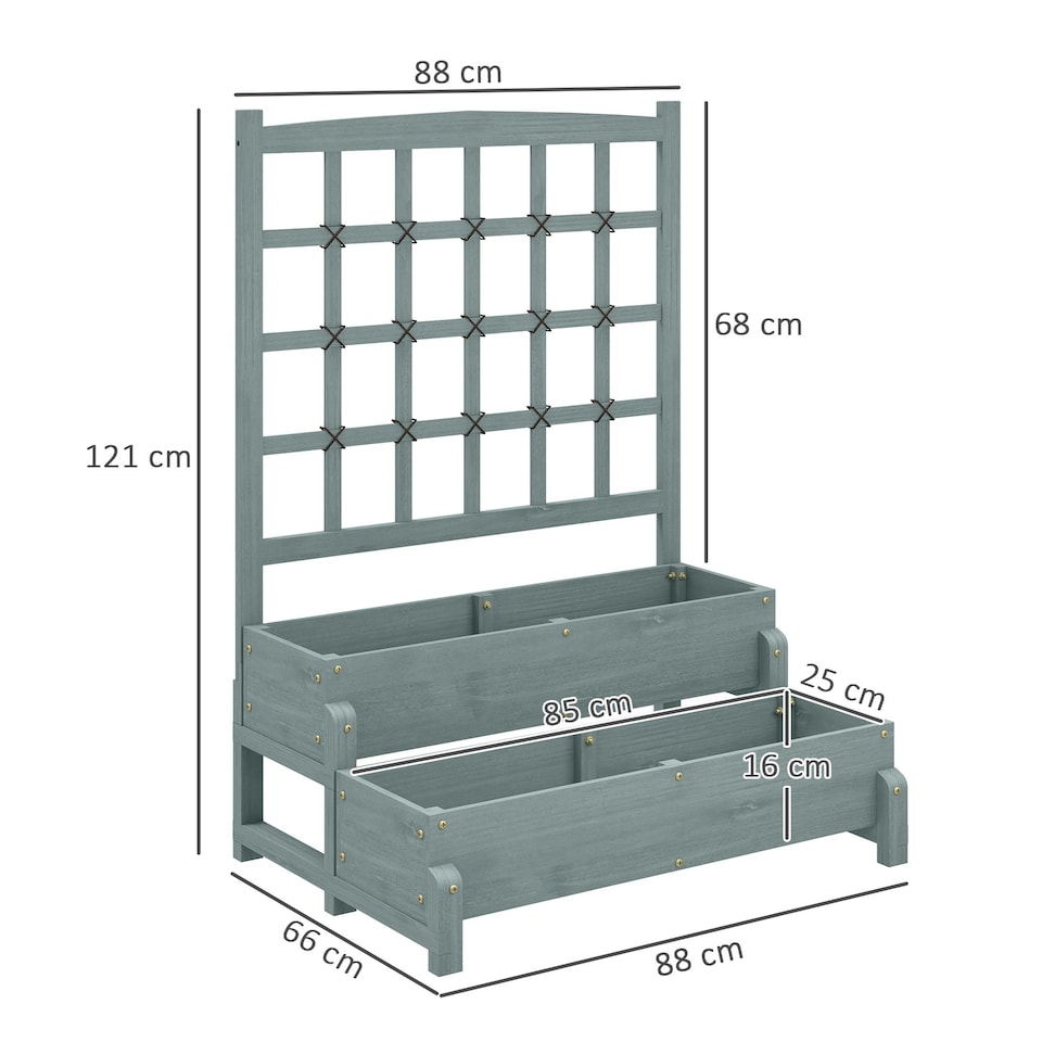 image 1 of Outsunny 2-Tier Wooden Raised Bed with Trellis and Drainage Holes, Brown 